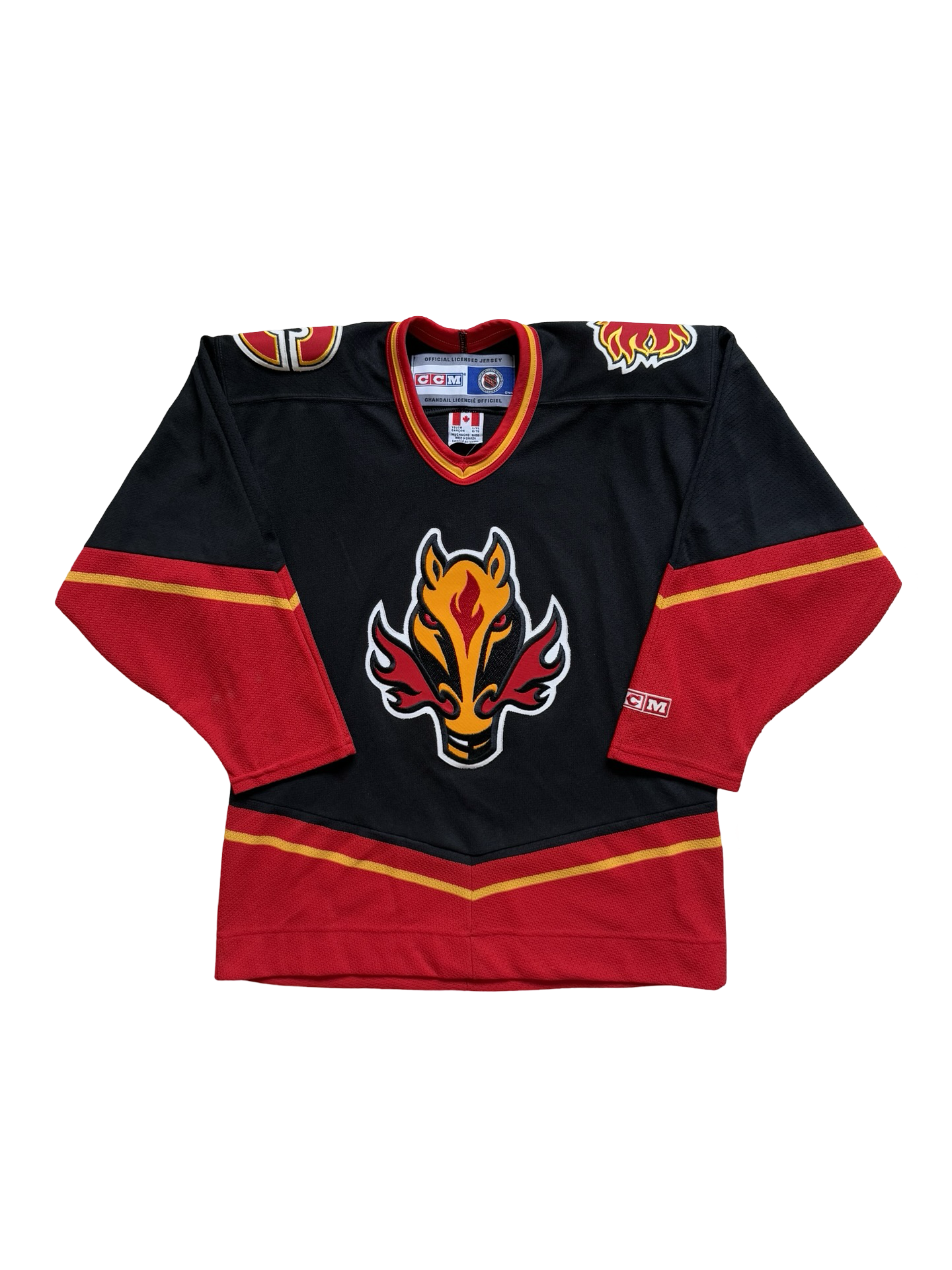 NHL Vtg Calgary Flames CCM Blasty Alternate Air Knit Jersey Size Youth L/XL