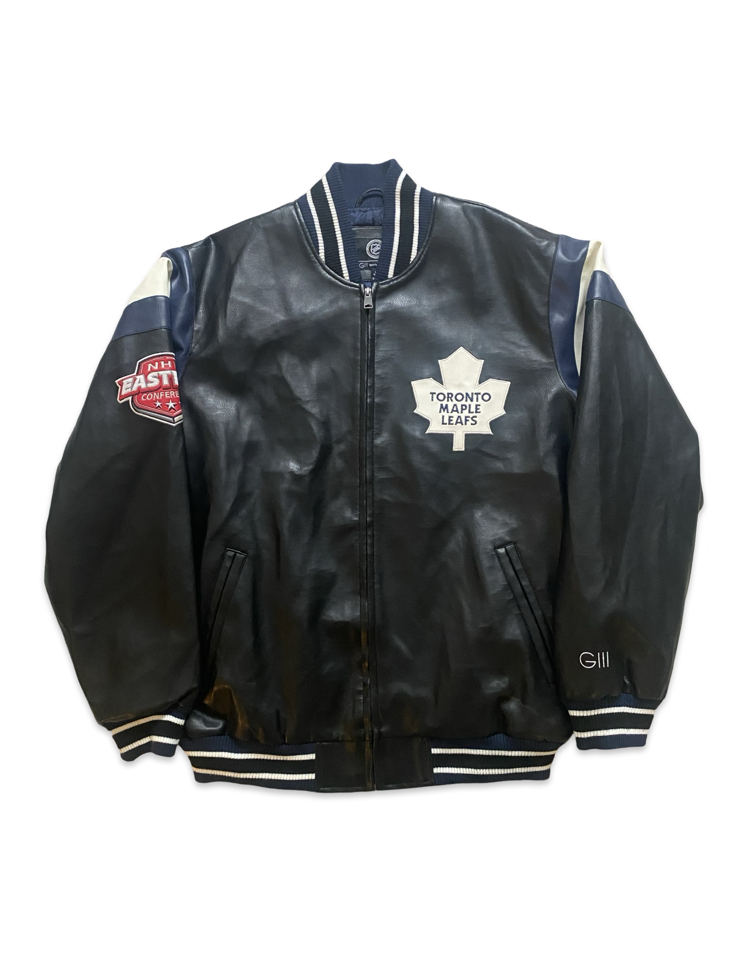 NHL Vtg Carl Banks GIII Toronto Maple Leafs Faux Leather Jacket Size L