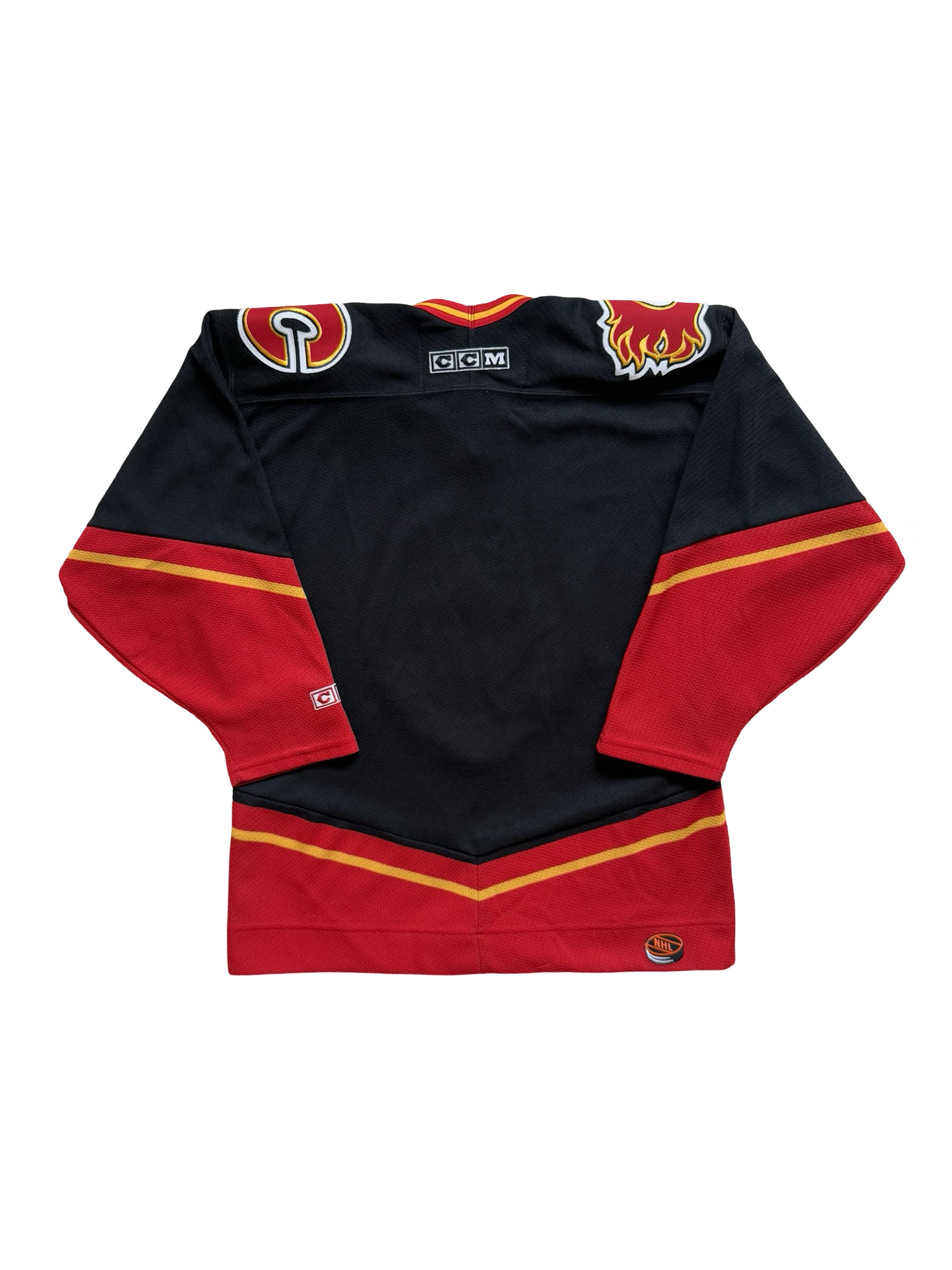 NHL Vtg Calgary Flames CCM Blasty Alternate Air Knit Jersey Size Youth L/XL