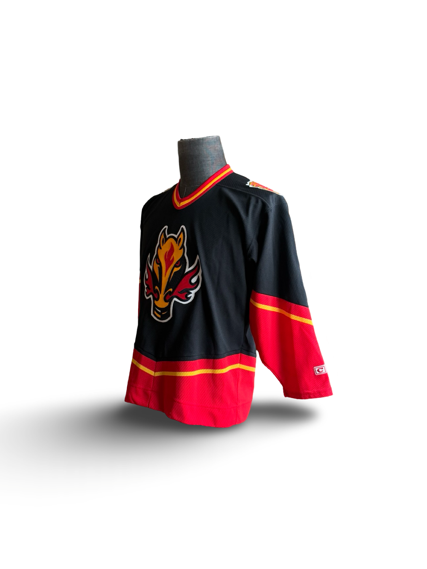 NHL Vtg Calgary Flames CCM Blasty Alternate Air Knit Jersey Size Youth L/XL