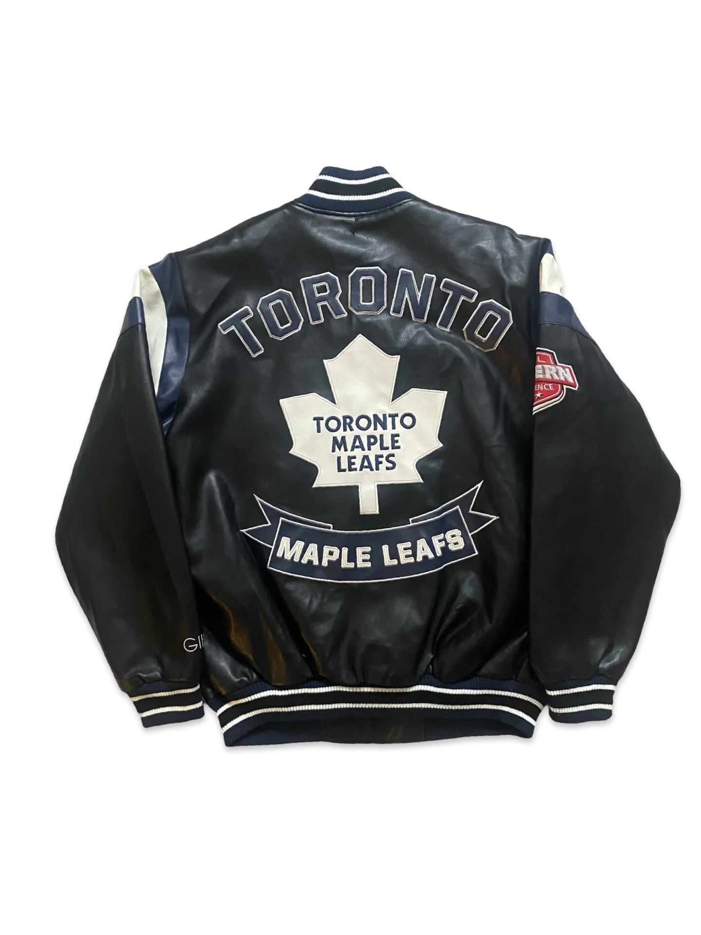 NHL Vtg Carl Banks GIII Toronto Maple Leafs Faux Leather Jacket Size L